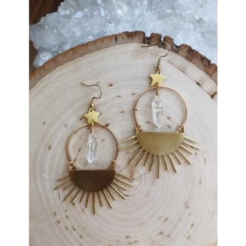 Handmade Sunshine and Star Celestial Dangle Drop Earrings.Clear Quartz Crystals. Gifts for Her