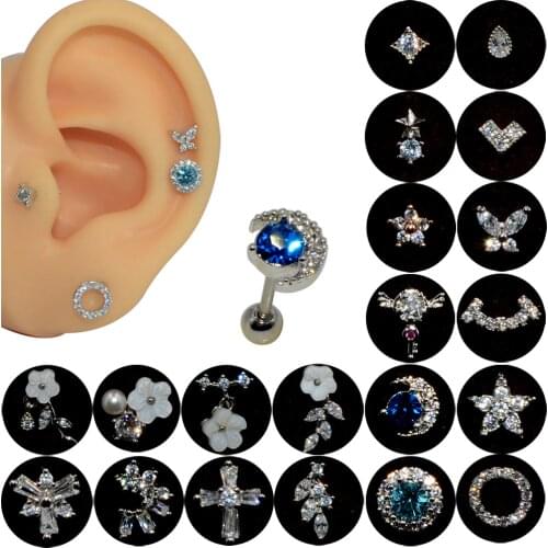 2Pcs 20G Steel 1Pc Hot sale Zircon Flower Ear Tragus Cartilage Helix Earring Lip Labret Stud Piercing Body Jewelry