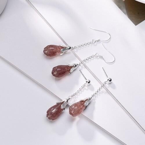 925 sterling silver inlaid natural strawberry quartz pink crystal magnolia sweet grace beauty White eardrop earrings