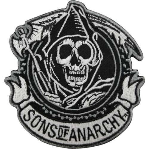 SOA White Skull Embroidery Patch MC Jacket Patch Accessories DIY Iron on Applique for Clothing Cool Black Sew on T-Shirt Garment
