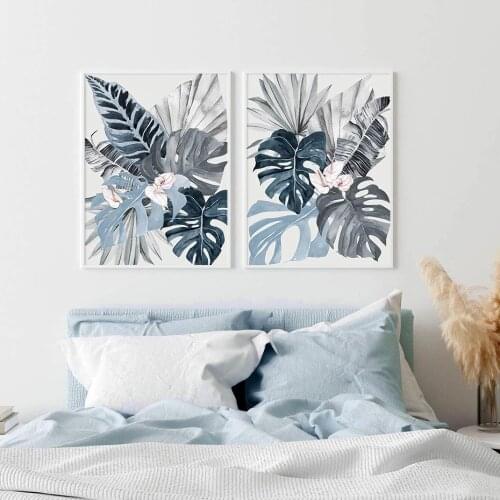 Modern Floral Plant Canvas Painting Tropical Blue Palm Leaf Wall Art Picture for Living Room Bedroom Home Decoration No Frame