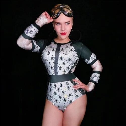 T20 Elastic women big rhinestones long sleeve bodysuit stage costume dance wears diamonds tights crystals leotard sexy dress dj