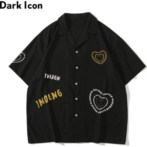Dark Icon Heart Printed Polo Shirt Men Vintage Street Black Shirts for Man Male Top