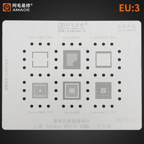 Amaoe EU3 BGA Reballing Stencil For SAMSUNG Exynos 7885/9820/9610/980 CPU RAM Chip IC Tin Plant Net Square Hole Steel Mesh