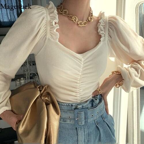 Autumn New Sexy Square Collar Blouse Women Elegant Splicing Pleated Puff Sleeve Shirt Lady Chic Curled Slim Solid T-shirt 12904