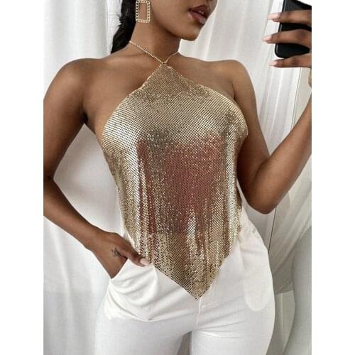 Women Sexy Gold Shiny Sequined Crop Top Solid Color Mesh Pleated Low Neck Irregular Backless Short Vest Tank Tops for Summer