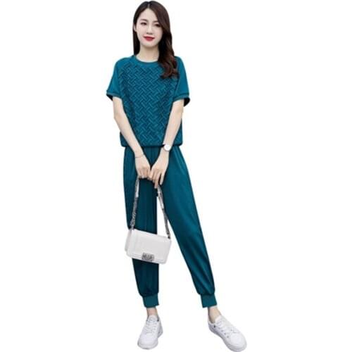 Summer Black White Blue Women Sets 2021 Fashion Casual Female Sportswear Suit Short Sleeve Tshirts+ Pants Two-piece Set B907