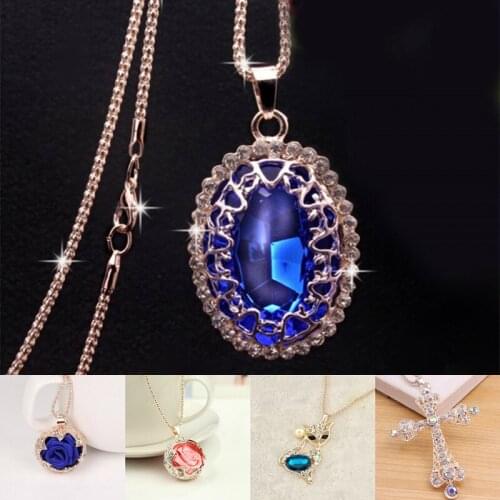 Fashion Women Sweater Chain Necklace & Pendant Rhinestones Crystal Rose Flower Statement Necklace Jewelry Clothing Accessories