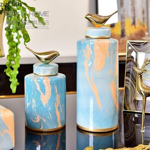 Golden Bird Decorative Ceramic Storage Jars Vase Quality Porcelain Storage Jar with Cover Tea Canister Multifunctional Ornaments