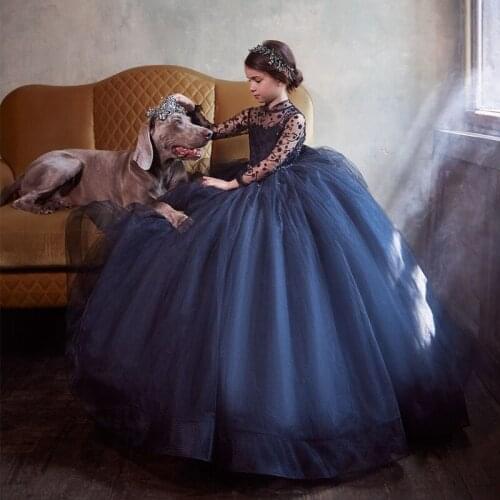 2021 Navy Long Sleeve Flower Girl Dresses For Wedding Bow Beads Toddler Pageant Gowns High Neck Birthday First Communion Dress