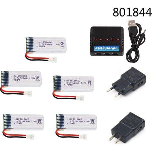 3.7V Battery XH2.54 for Hubsan H107P 801844 3.7V 520mAh 25c 1.9Wh Battery with USB Charger for H107P RC Camera Drone Accessories