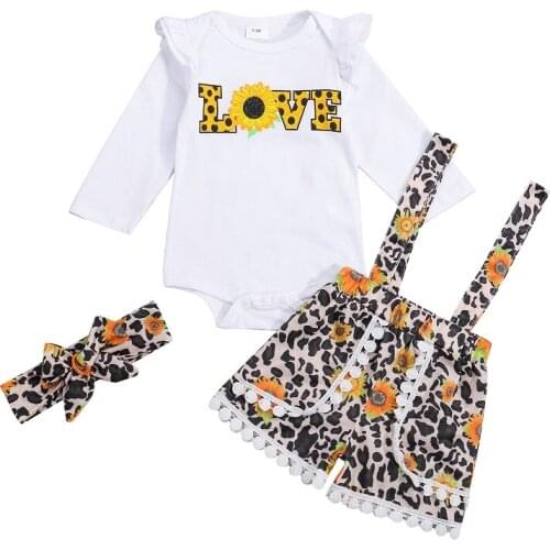 0-18M Newborn Baby Girl Long Sleeve Cotton Bodysuit Top Sunflower Leopard Tassel Ball Suspender Shorts Headband 3PCS Clothes Set