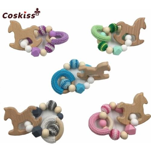 5pcs Baby Wooden Teether Beech Horse Wood Teething Montessori Toys Baby Rattle DIY Chewable Crochet Beads Bracelets