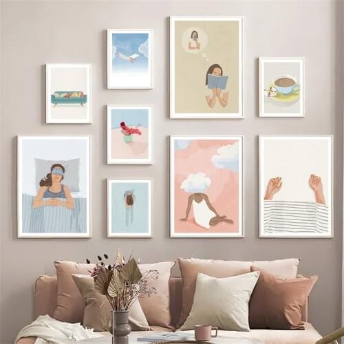 Abstract Girl Sleep Clouds Dream Sofa Coffee Read Nordic Poster Wall Art Print Canvas Painting Decor Pictures For Living Room
