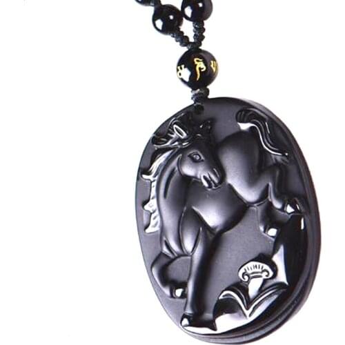 LUCKY AMULET HORSE NECKLACE DROP SHIPPING NATURAL BLACK OBSIDIAN PENDANT ZODIAC CRYSTAL JEWELRY GIFTS