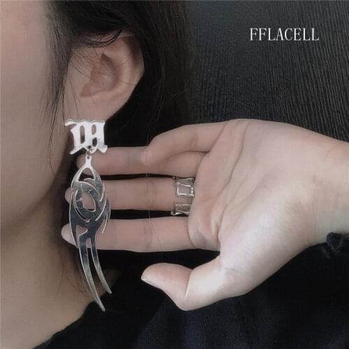 FFLACELL INS Exaggerated Hip-hop Punk Style Cool Burning Flame Titanium Steel Metal Earrings Jewelry