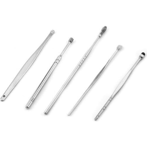 New 100sets 5Pcs Ear Pick Set Stainless Steel Earpick Ear Wax Curette Remover Ear Cleaner Spoon Spiral Ear Clean Tool