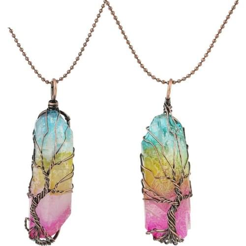 Creative Copper Wire Pendant Color Quartz Irregular Shape Pendant Necklace Antique Brass Color With Chain