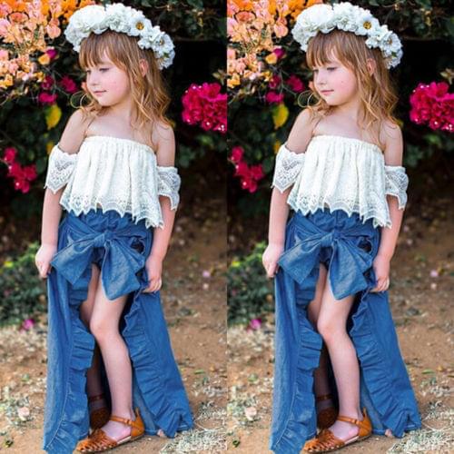 Newborn Girl Kid Lace Off-shoulder T-shirt Top Ruffles Fishtail Pants Bowknot Dress Party Outfits Clothing