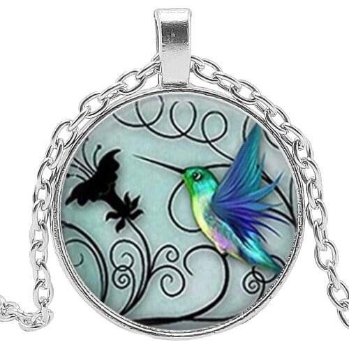 2019 Hot Creative Blue Hummingbird Time Crystal Glass Convex Round Pendant Necklace Clothing Sweater Chain Jewelry