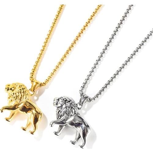 Stainless Steel King of the Forest Gold Animal Lion Pendant Necklace Men Punk Rock Jewelry Gift with 60cm Chian
