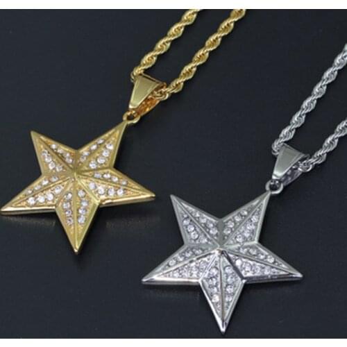 New Ice Out Hip Hop Zircon Five-Pointed Star Pendant 24" Long Twist Chain Necklace Mens Vacuum Plating Hip-Hop Jewelry