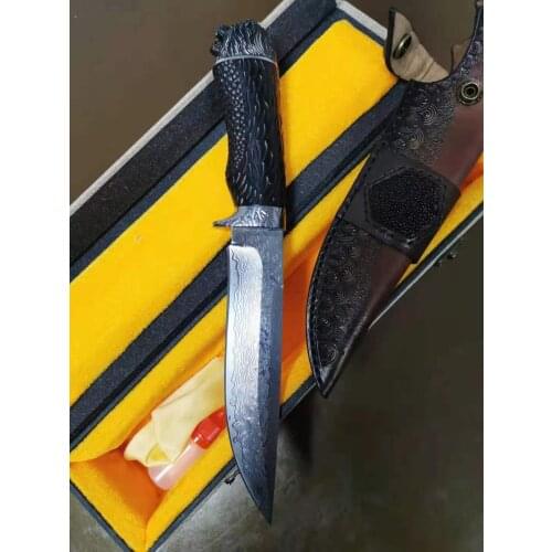 Hot, sell Damascus steel VG10 steel corrugated head handle Straight Knife Hunting Knife Outdoor Camping Self-defense Tools