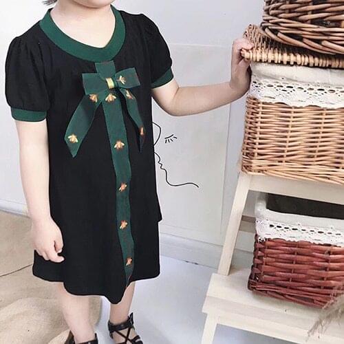 New summer fashion casual kids girls clothes stitching webbing short-sleeved dress 2-10 years