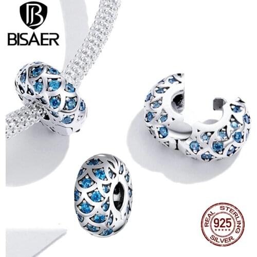 BISAER Fish Scale Spacer Charms 925 Sterling Silver Blue Zircon Open Beads Pendant DIY Bracelets Jewelry Accessories ECC1513