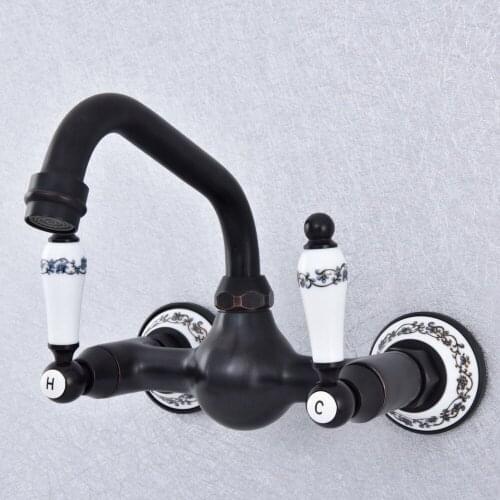 Bathroom Black Bronze Faucet Wall Mounted Double Handle Swivel Spout Hot and Cold Mixer Faucet Nsf710