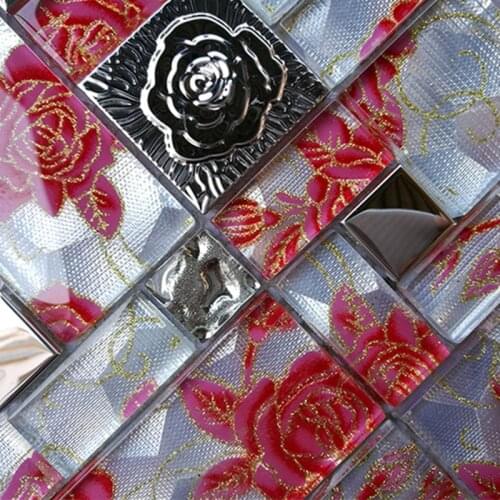 Modern 3D Metal Romantic Rose Flower Glass Mosaic Tile, Salon Boutique Store Bathroom Fireplace Wallpaper Decor