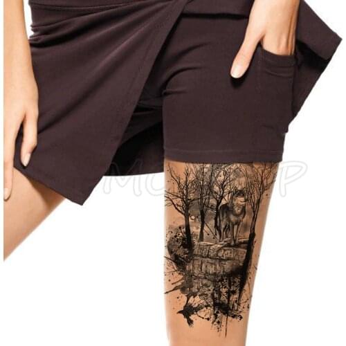 Temporary Tattoo Stickers Black Forest Wolf Dead Tree Fake Tatto Waterproof Tatoo Back Leg Arm Belly Big Size for Women Men Girl