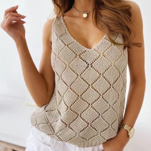 2021 Women Knitting Sexy Hollow Out Tank Tops Summer Elegant Ladies Sleeveless V Neck Knitted Vest Tank Tops Women Clothing