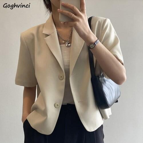 Women Short Sleeve Blazers Loose Solid Elegant Female Cropped Tops Office Ladies Korean Stylish Ulzzang Summer Thin Outwear Chic