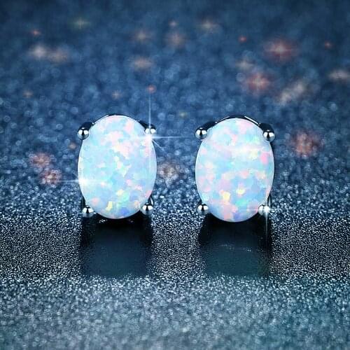 Boho Female White Blue Opal Stone Earrings Silver Color Stud Earrings For Women Trendy Bride Oval Wedding Earrings