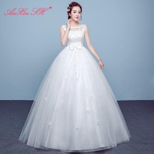 AXJFU princess flower lace bride wedding dress party vintage o neck sleeveless big bow beading little flower white wedding dress