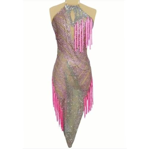 Women Stage Competition Latin Dance Dress Silver Pink Rhinestones Tassel Halter Dress Nightclub DJ Bar Party Performance Costume