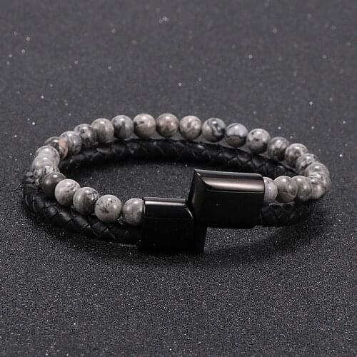 2020 Fashion Men Natural Stone Genuine Leather Bracelet Stainless Steel Magnetic Clasp Tiger eye Map Stone Bead Bracelet Men
