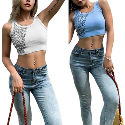2021 Summer Ribbed Tank Tops Sexy Crop Vest Fashion Harajuku Korean Female Knitted White Blue Summer Women Slim Fit Printed Tops