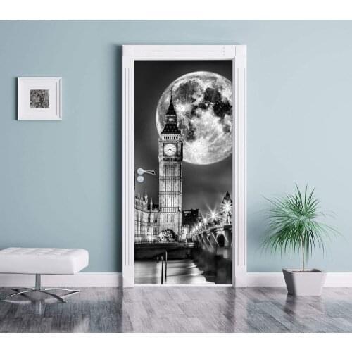 3D Door Mural Moon Night Big Ben Door Sticker Wallpaper Wall Print Decal Wall Deco Wall Mural Photo self adhesive door wrap