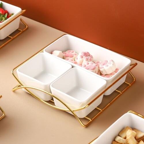 White Ceramic Grid Plate Household Snack Plate Golden Wrought Iron Shelf Living Room Snack Platter Creative Fruit Platter