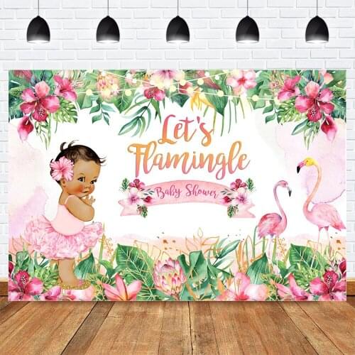 Lets Flamingo Theme Baby Shower Photo Background Ethnic Princess Red Flowers Jungle Backdrop Newborn Green Leaves Photobooth