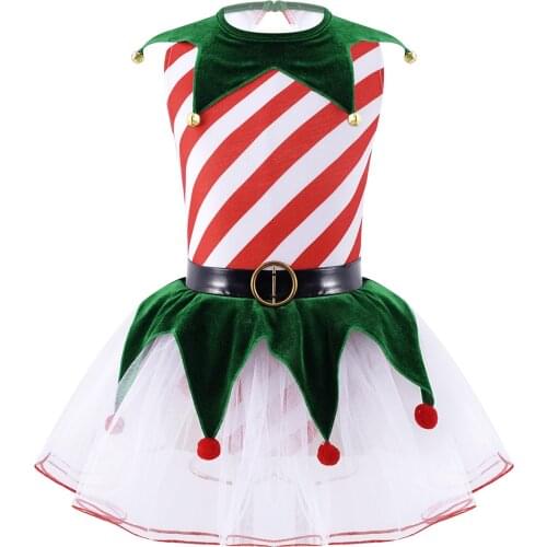 Kids Girls Children Christmas Xmas Costumes Dress Sleeveless Stripes Printed Mesh Tutu Dress New Year Cosplay Party Clothes