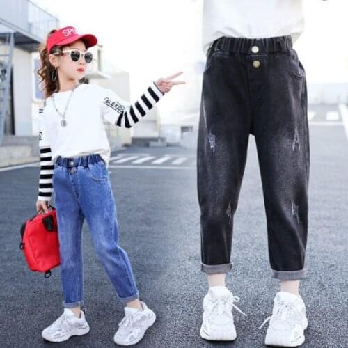 Girls Denim Pant Design Kids Solid Black High Waist Jeans Girls Casual Pants Elastic Trousers Kids Loose Casual Trousers
