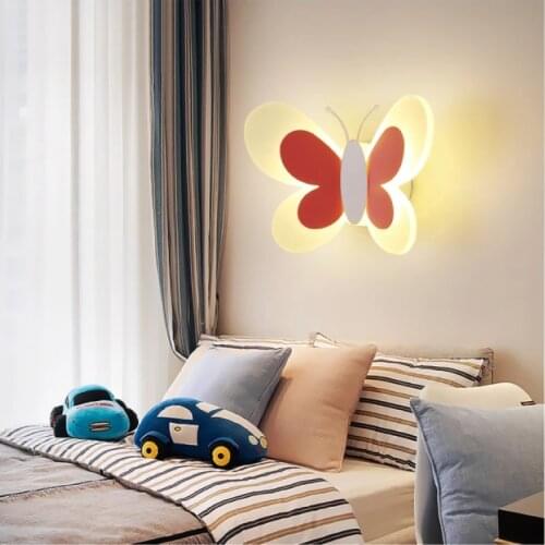 European style modern cartoon lovely blue pink butterfly wall lamp creative wall hanging LED lamp childrens bedroom kindergarte