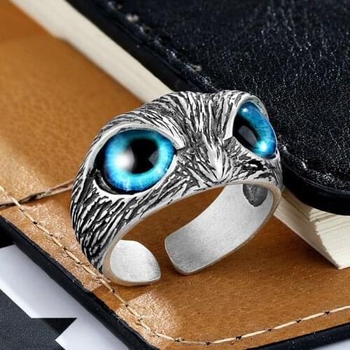 Personality 3D Animal Owl Ring Crystal Eyes for Women Men Unisex Punk Hip Hop Carved Pattern Statement Party Club Finger Ring