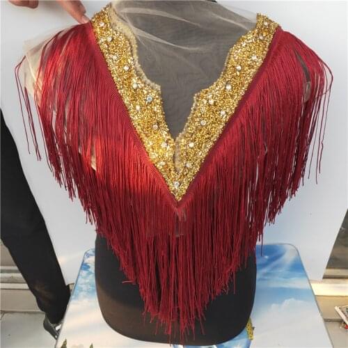Hot sale new wedding embroidered crystal rhinestone collar necklace with tassels appliques Deep-V neckline with fringe