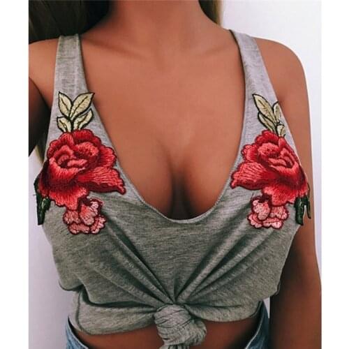 Female Sexy Tank Tops Hot Sale Women Embroidery Flower Low Chest Tanks Summer Floral Sleeveless Casual O-neck Regular