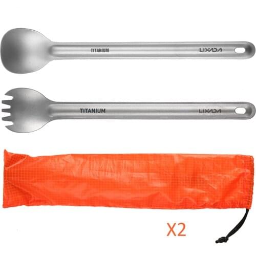 Lixada 2 PCS Titanium Long Handle Spoon Spork Cutlery Set Portable Outdoor Dinner Spoon Cutlery Camping Picnic Equipment