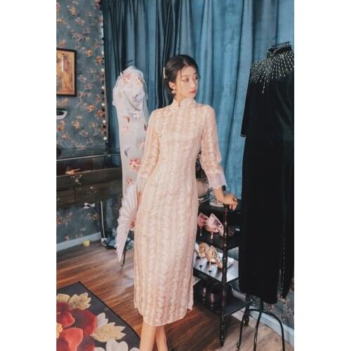 New autumn original Chinese retro style mandarin collar Vintage lace stitching slim long Cheongsam dress for women